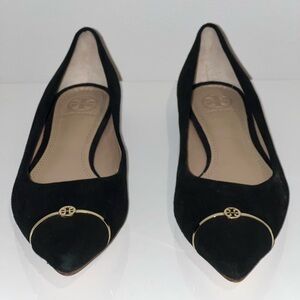 Tory Burch Black Suede Pointed Toe Flats with Gold Cap